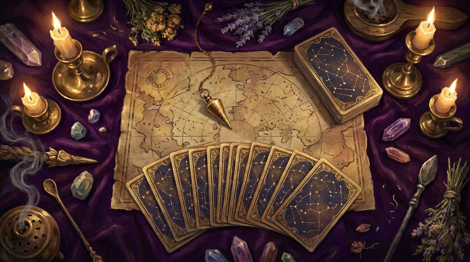 A mystical game table with constellation-backed cards, a brass pendulum and candlelight